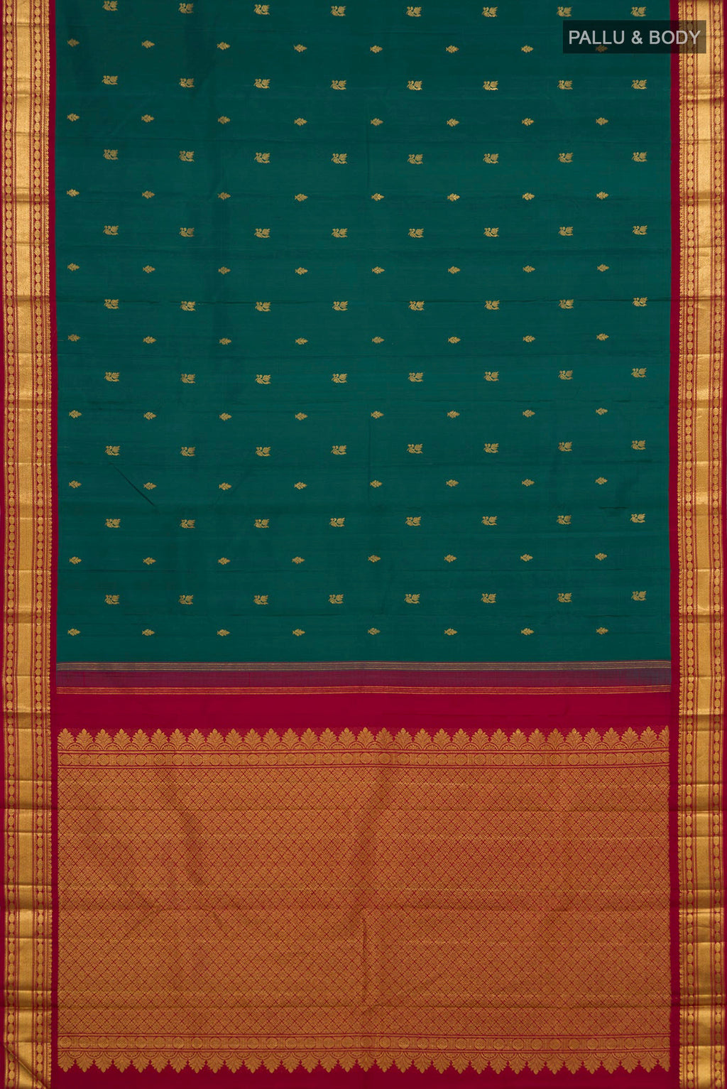 Flat view of Pure Silk Green Kanchipuram Saree with Zari Butta on the body and Zari Border. 