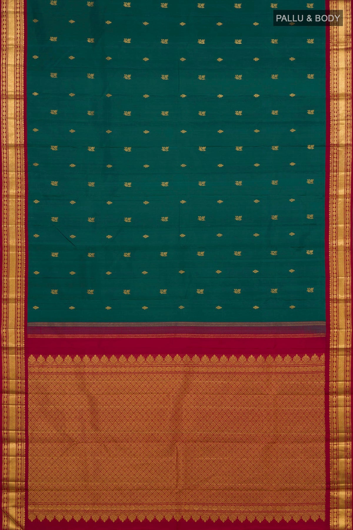 Flat view of Pure Silk Green Kanchipuram Saree with Zari Butta on the body and Zari Border. 