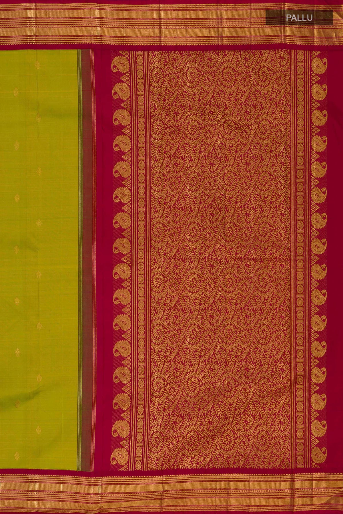 Close up image of the pallu of Pure Silk Green Kanchipuram Saree with Zari Butta on the body and Zari Border. 