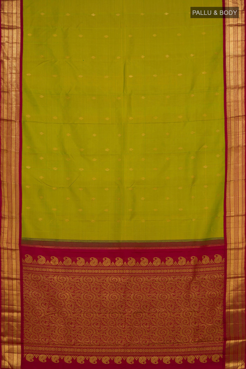 Flat view of Pure Silk Green Kanchipuram Saree with Zari Butta on the body and Zari Border. 
