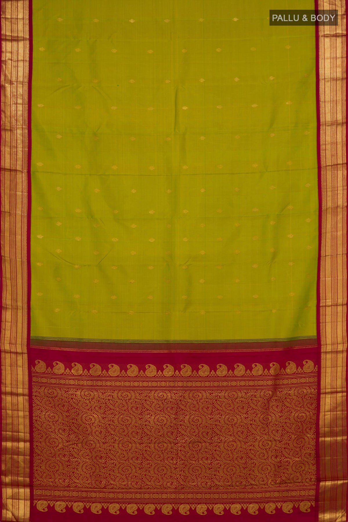 Flat view of Pure Silk Green Kanchipuram Saree with Zari Butta on the body and Zari Border. 