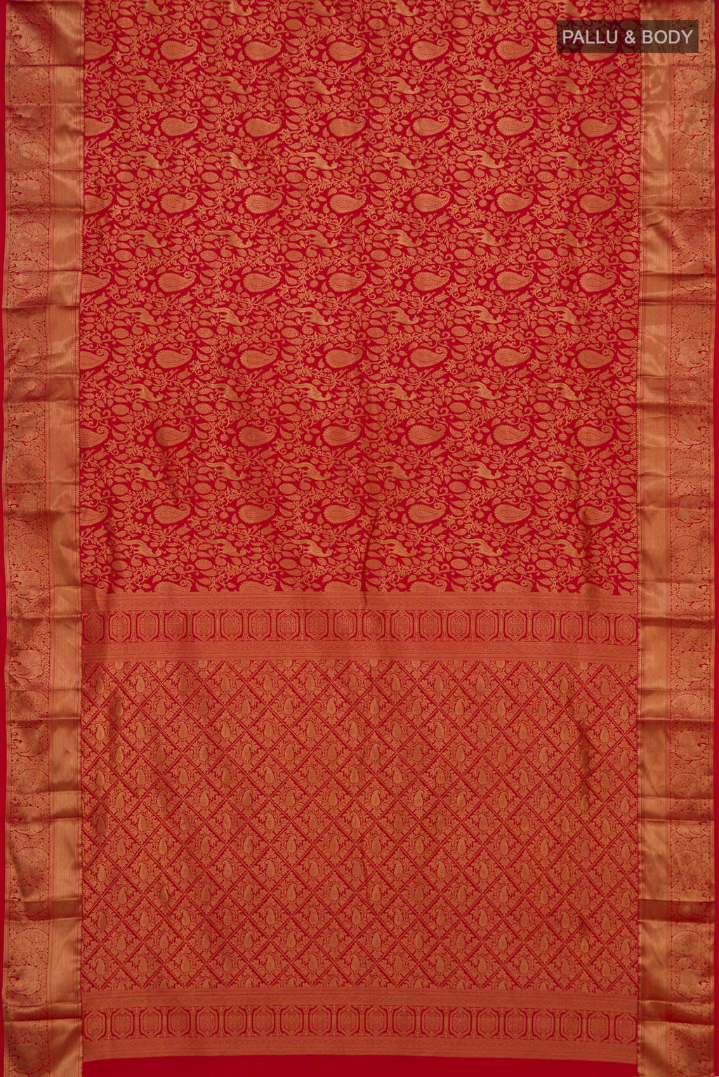Flat view of Red Kanjivaram Silk Saree with Zari Brocade on the body and Zari Border. 