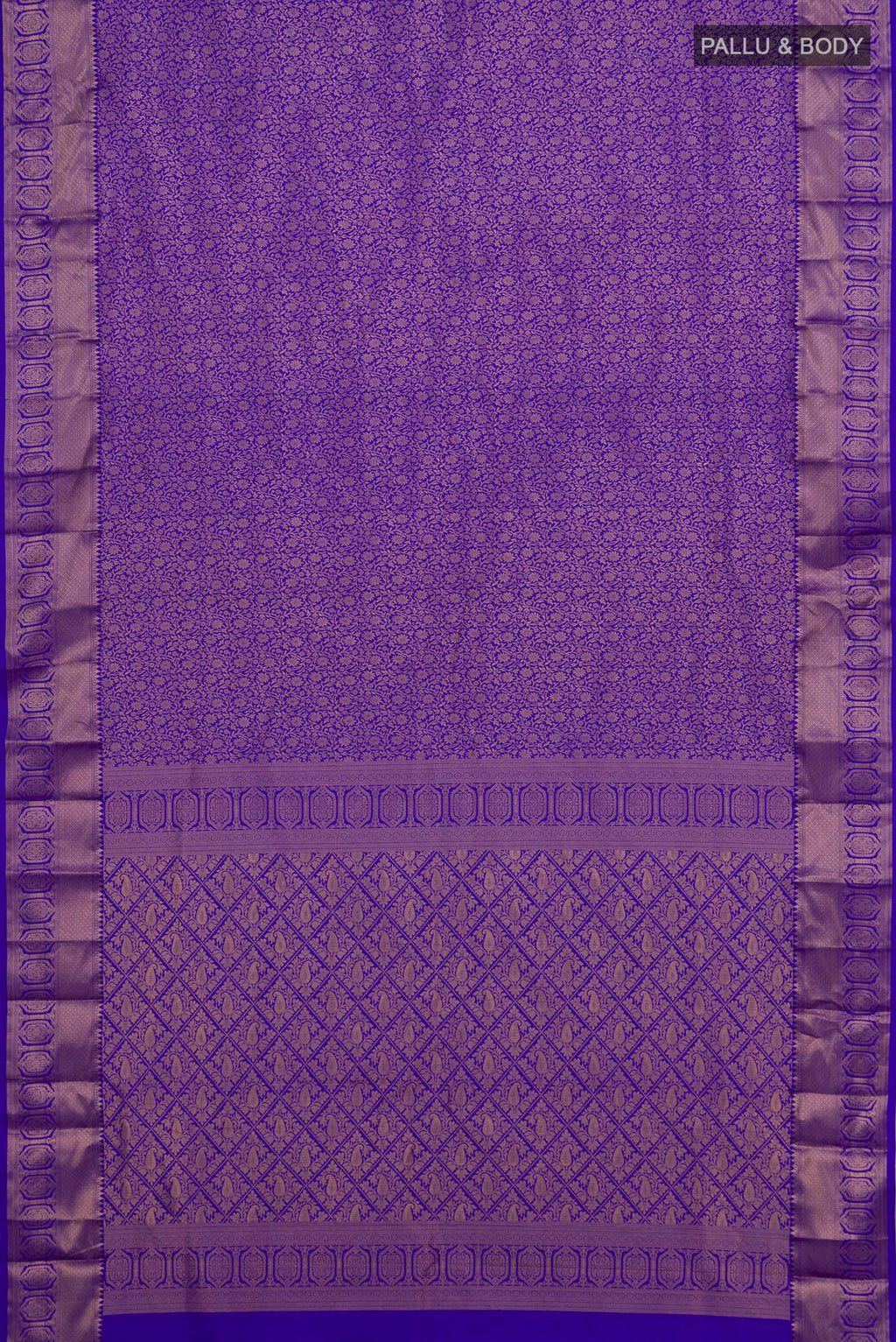 Flat view of Blue Kanjivaram Silk Saree with Zari Brocade on the body and Zari Border. 