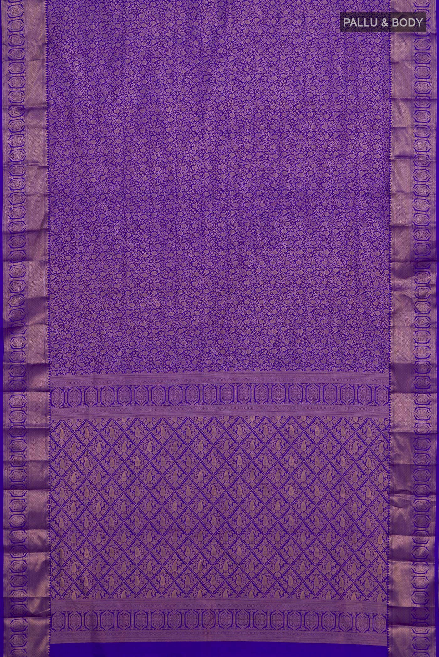 Flat view of Blue Kanjivaram Silk Saree with Zari Brocade on the body and Zari Border. 
