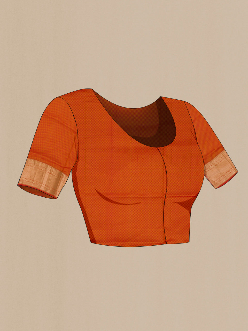 Close up image of the blouse of Mustard Soft Silk Saree with Zari Butta on the body and Zari Border. 