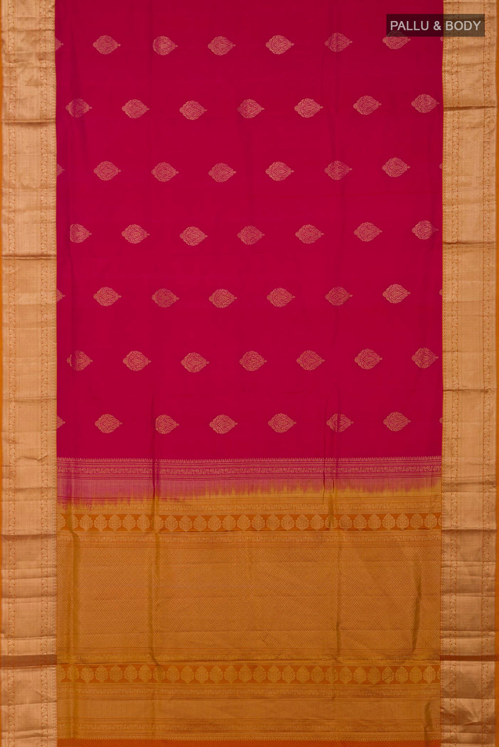 Flat view of Pink Soft Silk Saree with Jacquard With Zari Butta on the body and Zari Border. 