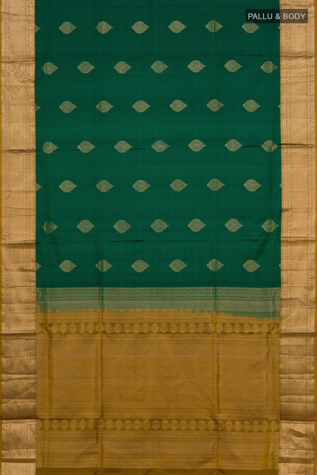 Flat view of Green Soft Silk Saree with Jacquard With Zari Butta on the body and Zari Border. 