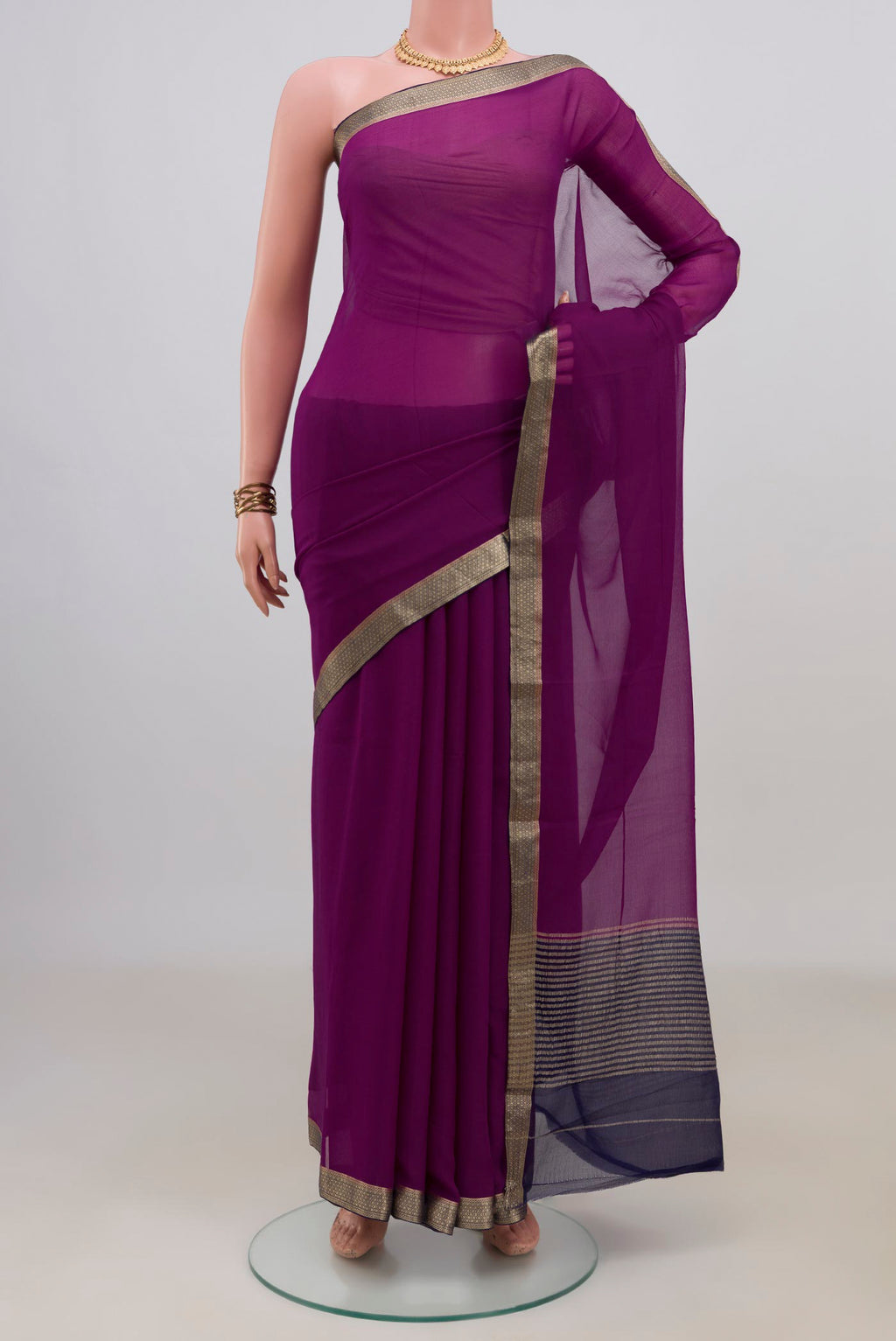 Purple Mysore Chiffon Saree with Plain Body and Zari Border.  displayed on a mannequin