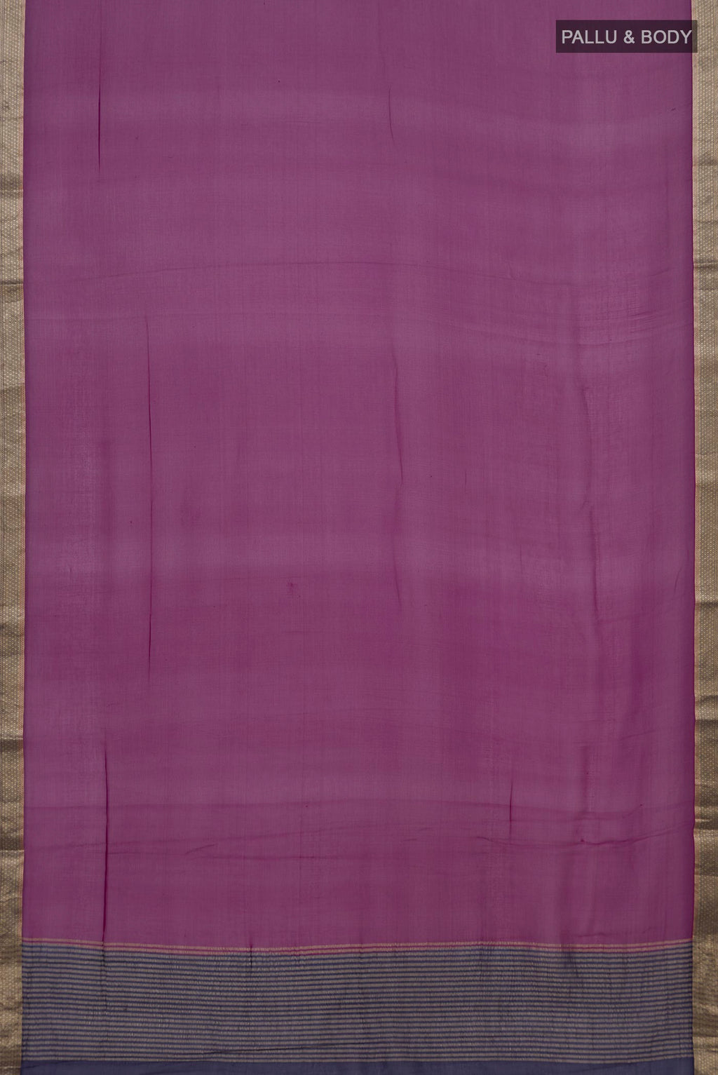 Flat view of Purple Mysore Chiffon Saree with Plain Body and Zari Border. 
