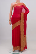 Red Mysore Chiffon Saree with Plain Body and Crushed Broder.  displayed on a mannequin