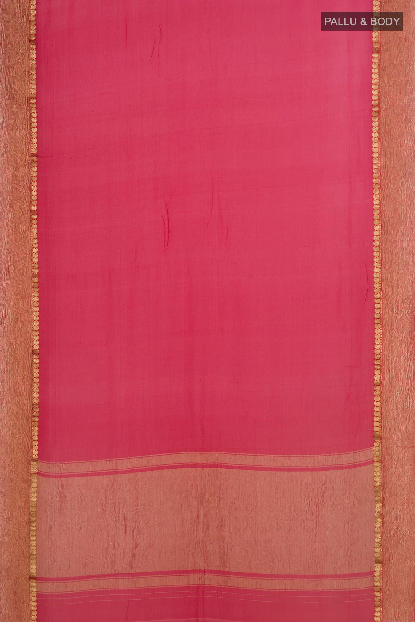 Flat view of Red Mysore Chiffon Saree with Plain Body and Crushed Broder. 