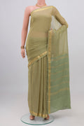 Gold Mysore Georgette Saree with Plain Body and Zari Border.  displayed on a mannequin
