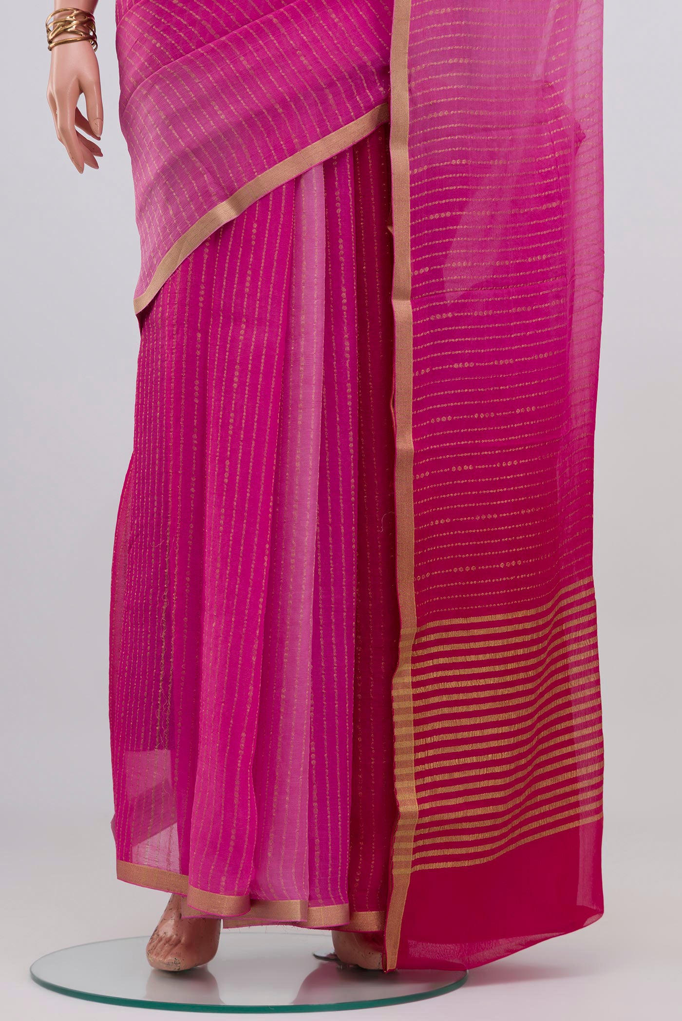 Pleats and pallu of Multi Color Mysore Georgette Saree with Ombre design on the body and Zari Border. 