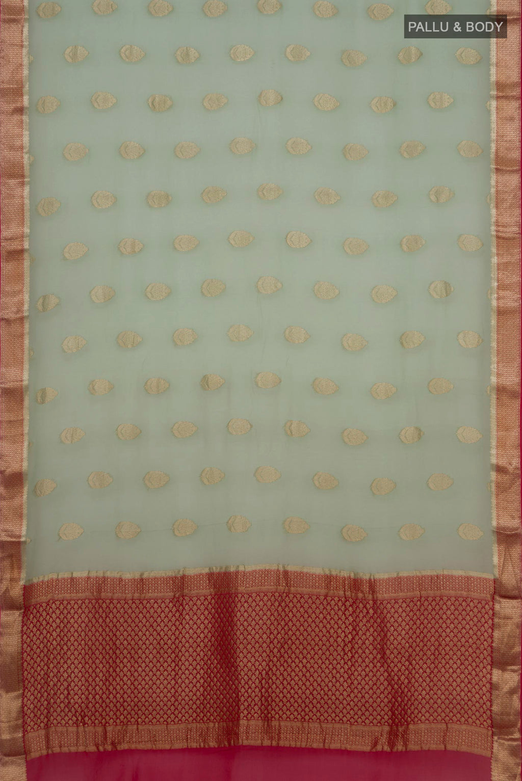 Flat view of Pista Green Mysore Georgette Saree with Zari Butta on the body and Zari Border. 