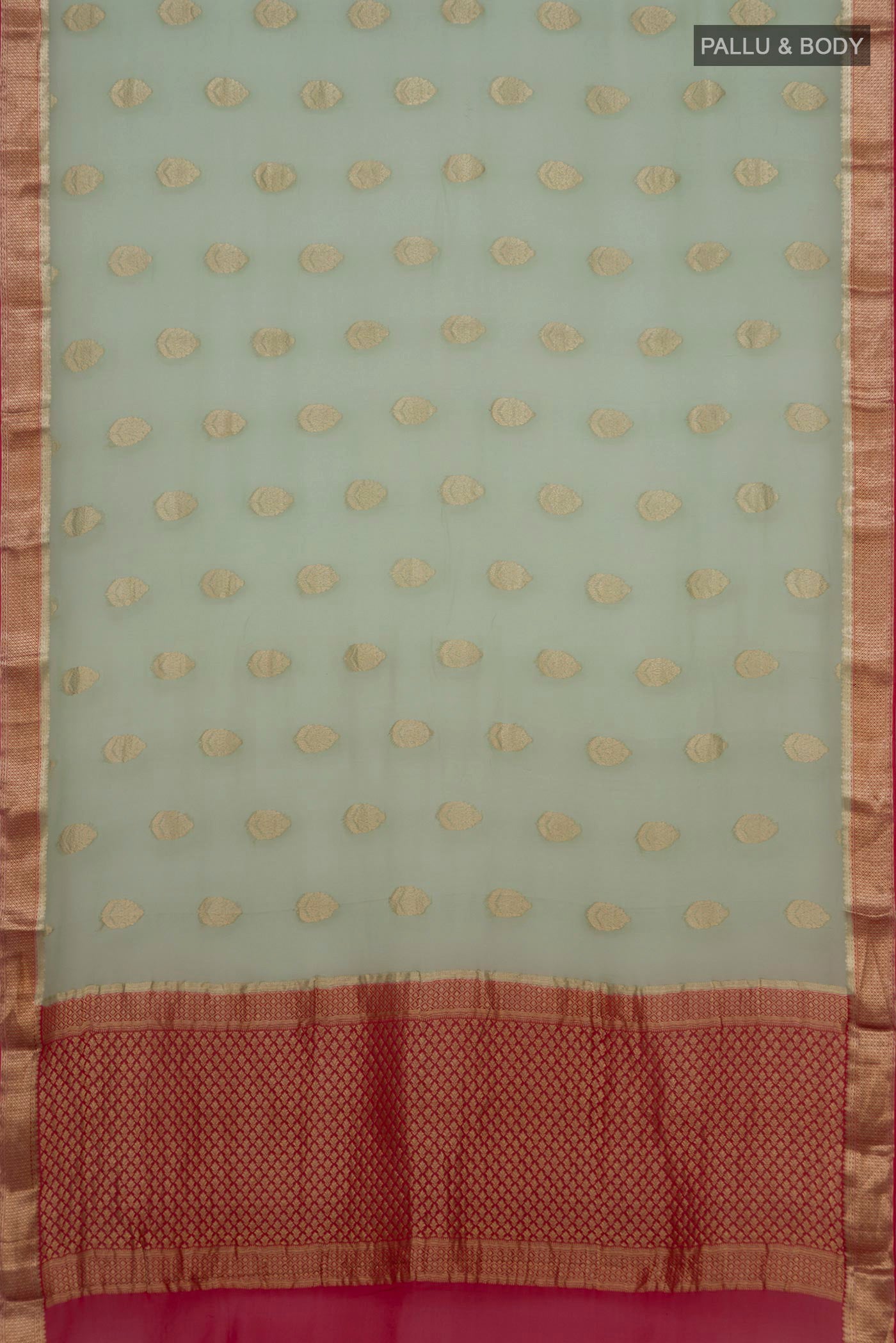Flat view of Pista Green Mysore Georgette Saree with Zari Butta on the body and Zari Border. 