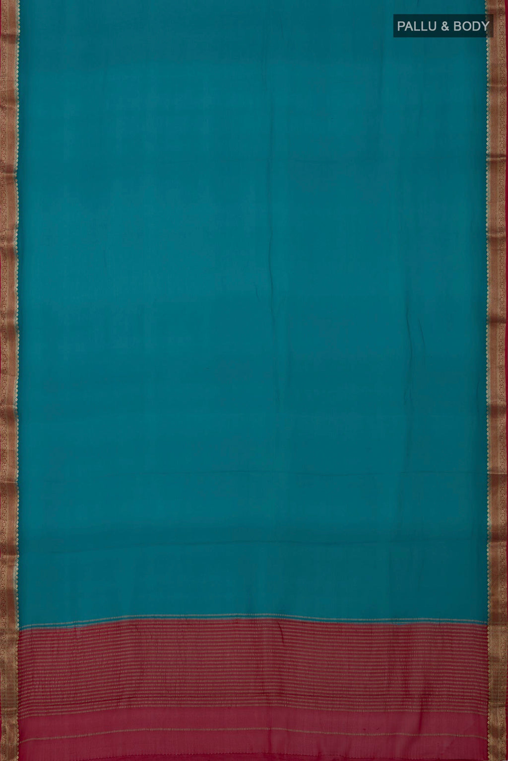 Flat view of Blue Mysore Georgette Saree with Plain Body and Zari Border. 