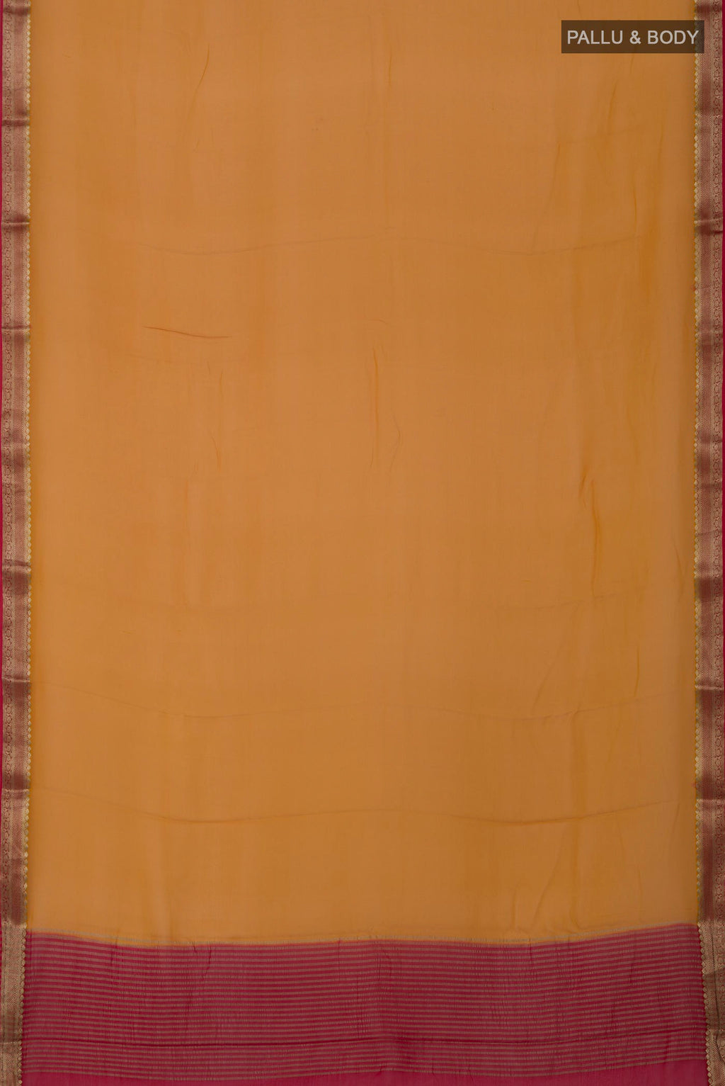 Flat view of Mustard Mysore Georgette Saree with Plain Body and Zari Border. 