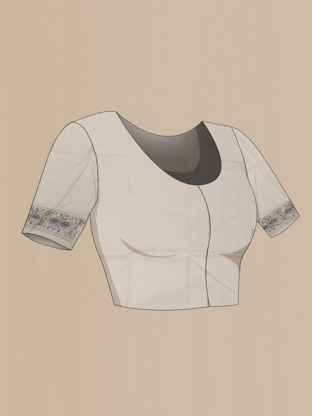 Close up image of the blouse of Cream Tussar Silk Saree with Kantha Work on the body and Thread Border. 