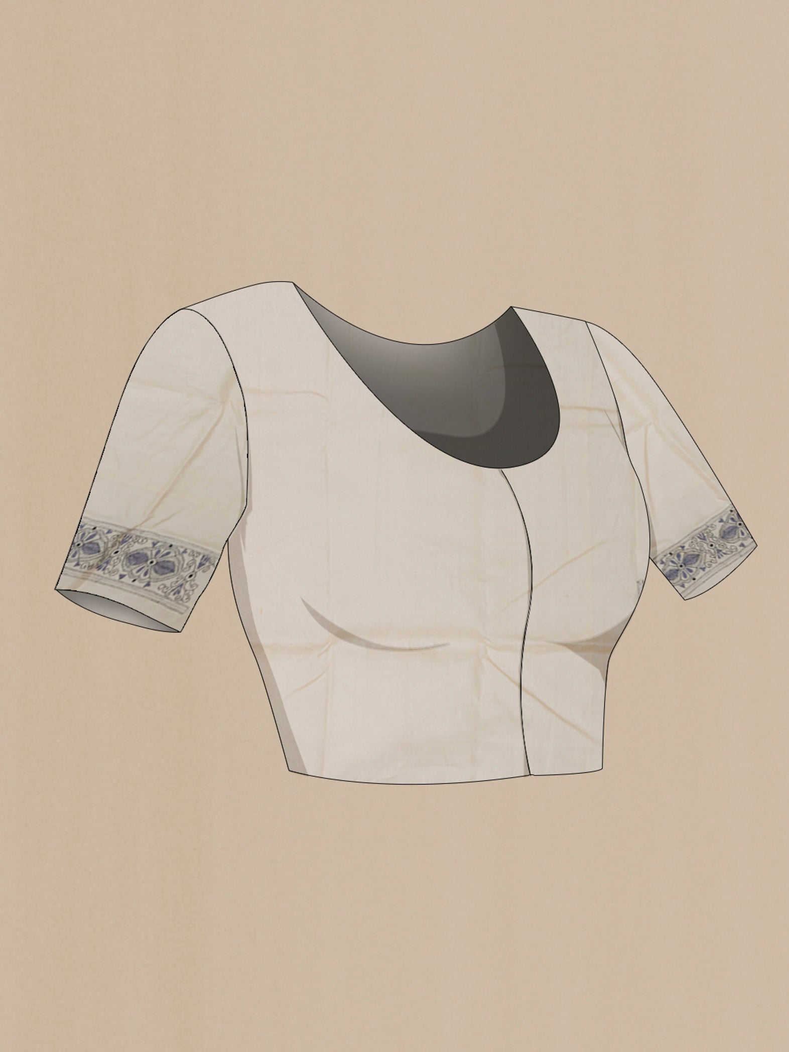 Close up image of the blouse of Cream Tussar Silk Saree with Kantha Work on the body and Thread Border. 