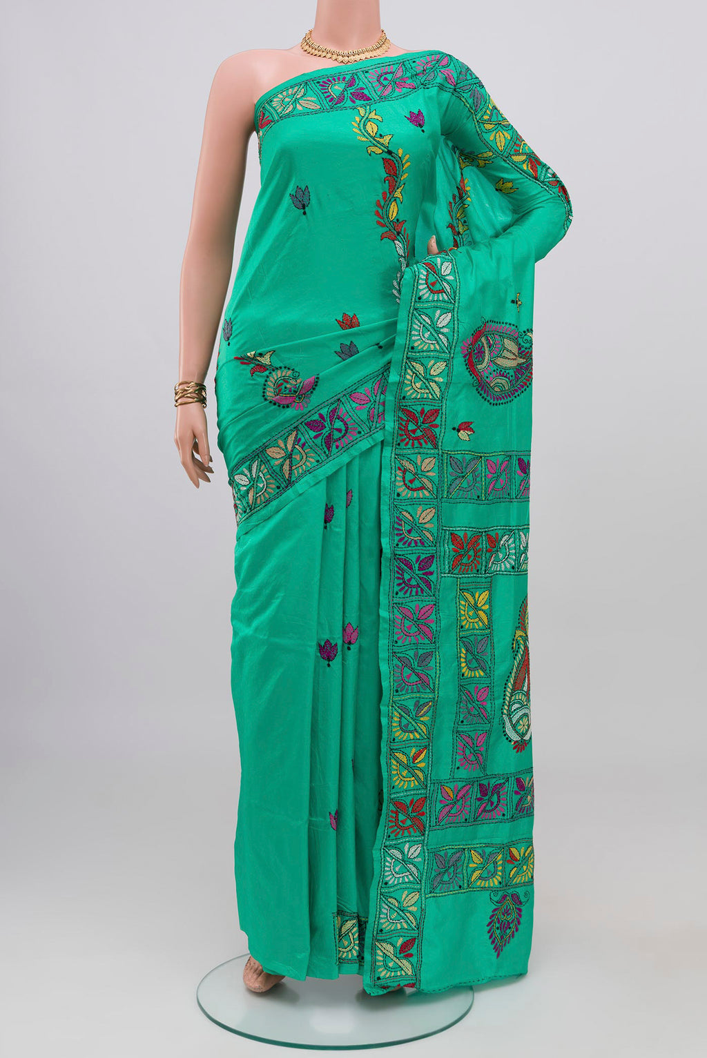 Sea Green Kantha Silk Saree with Kantha Work on the body and Thread Border.  displayed on a mannequin