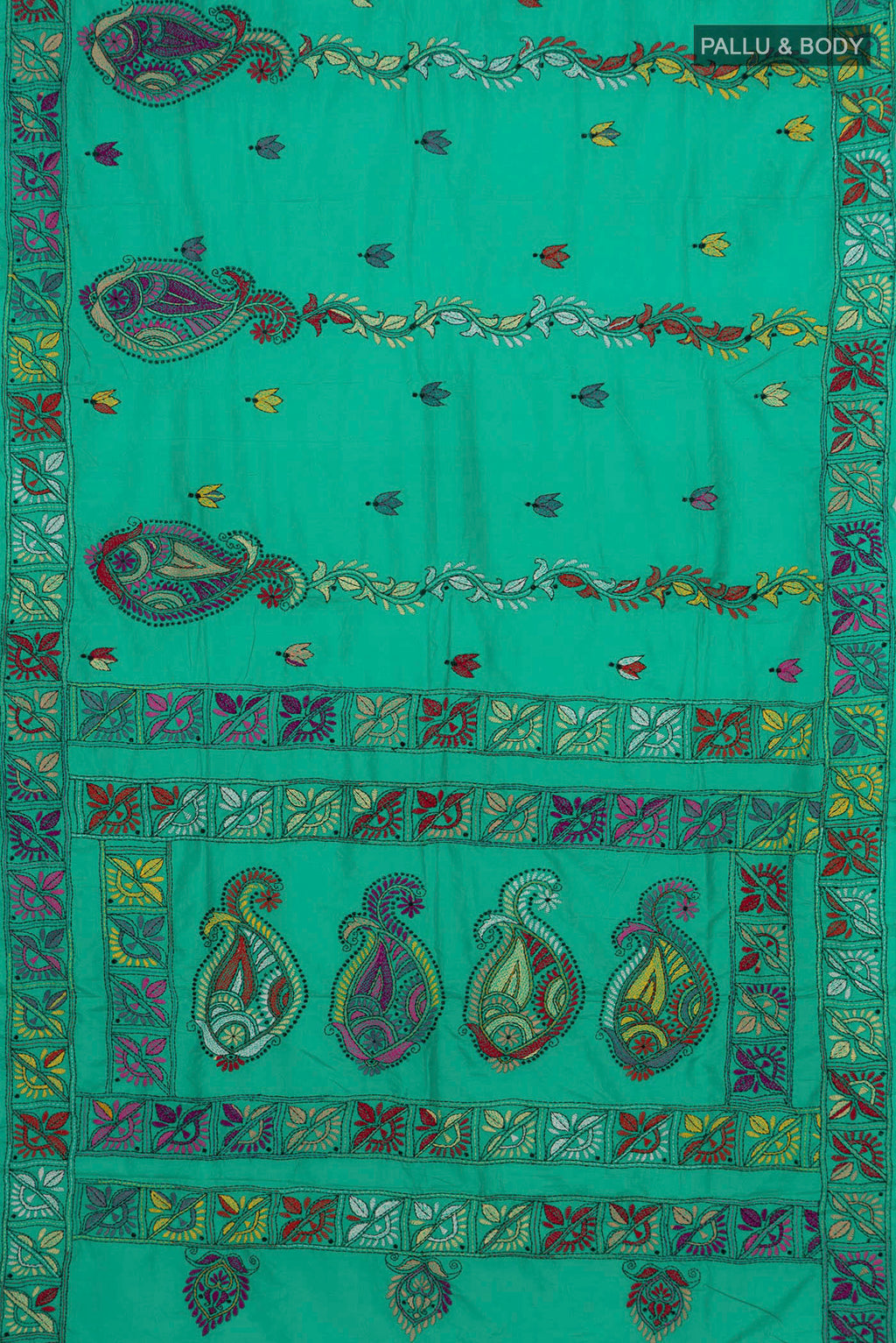 Flat view of Sea Green Kantha Silk Saree with Kantha Work on the body and Thread Border. 