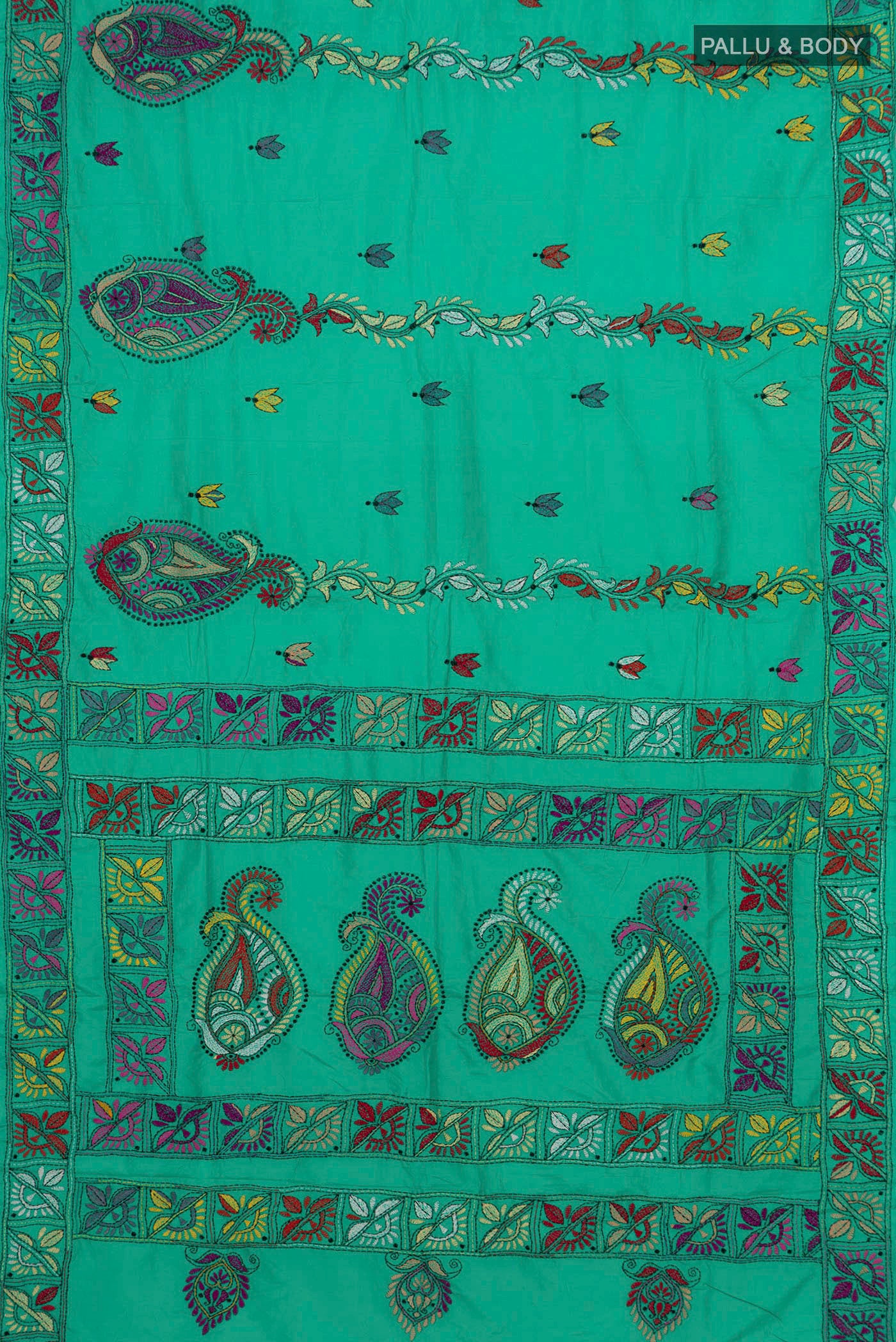 Flat view of Sea Green Kantha Silk Saree with Kantha Work on the body and Thread Border. 