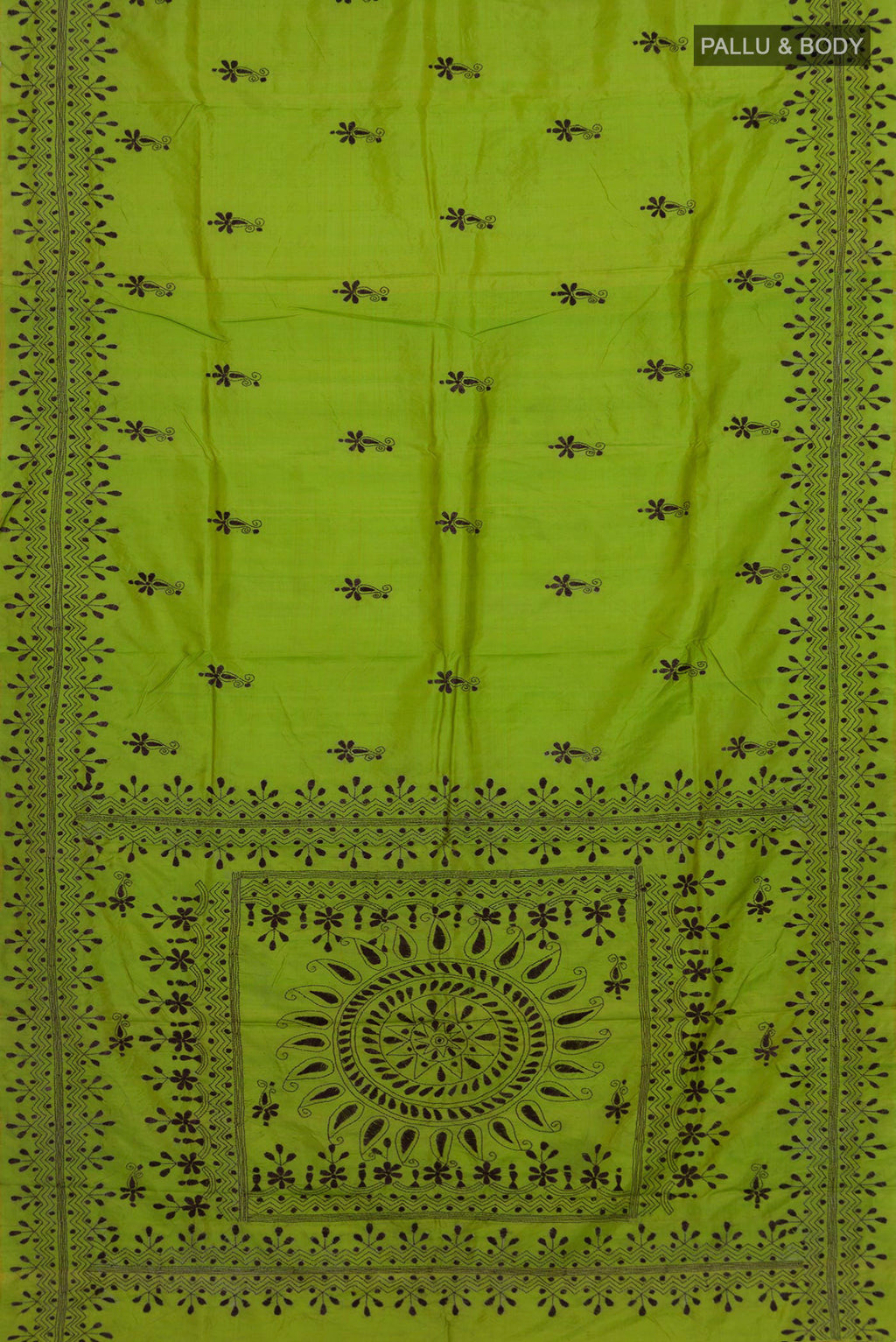 Flat view of Green Tussar Saree with Kantha Work on the body and Thread Border. 