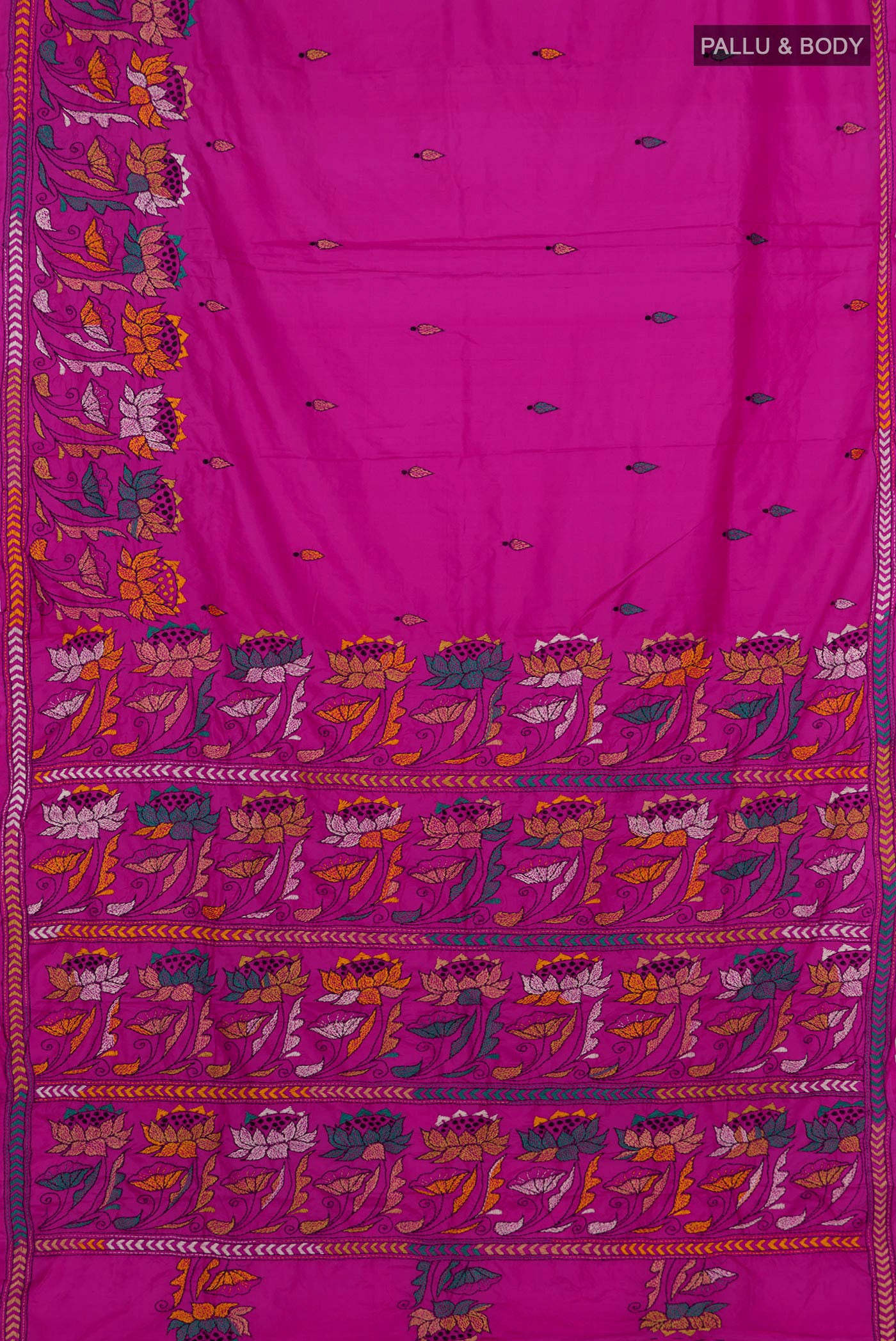 Flat view of Rani Pink Kantha Silk Saree with Kantha Work on the body and Thread Border. 