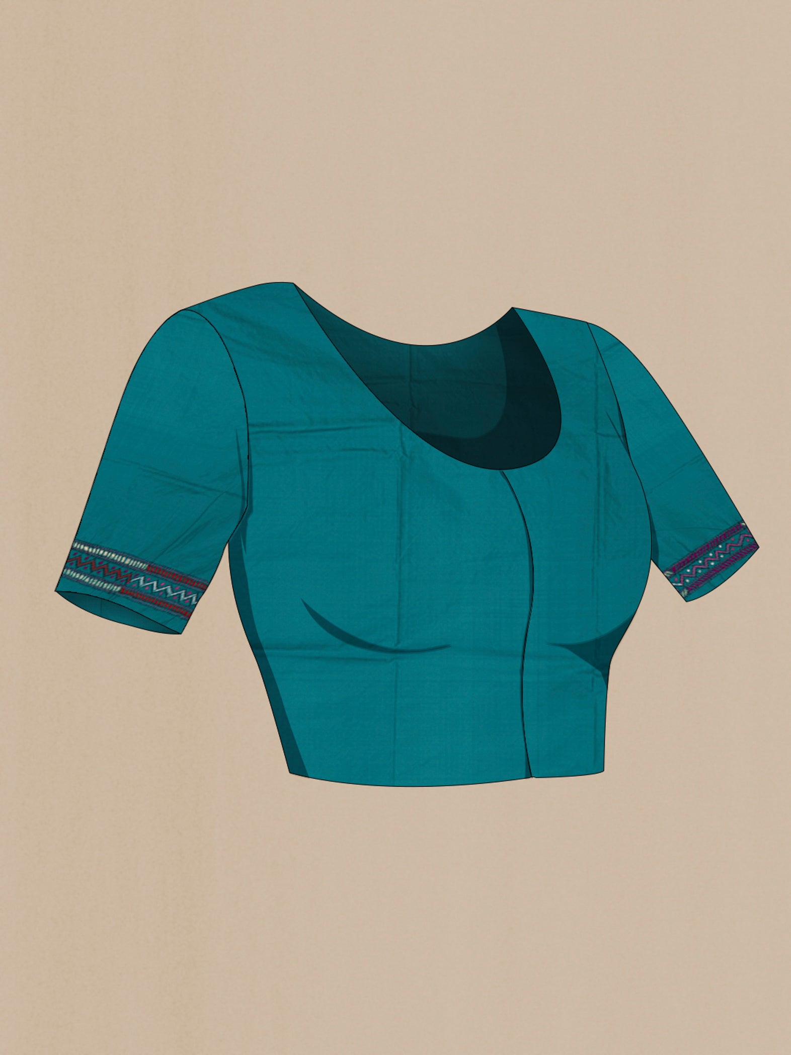 Close up image of the blouse of Teal Kantha Silk Saree with Kantha Work on the body and Thread Border. 