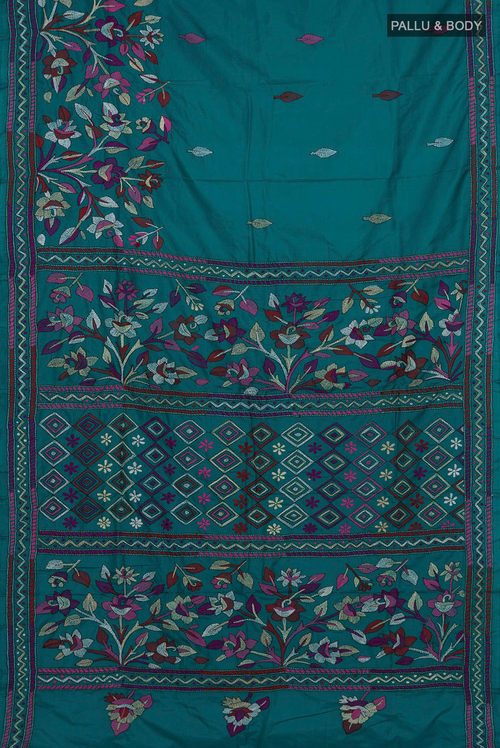 Flat view of Teal Kantha Silk Saree with Kantha Work on the body and Thread Border. 