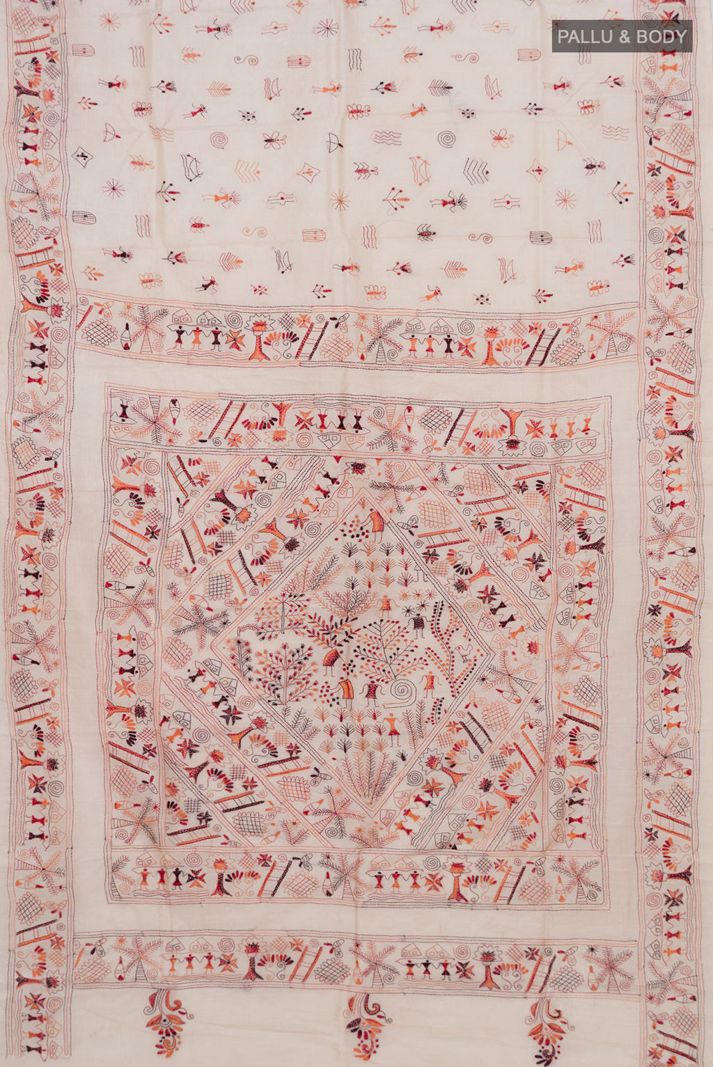 Flat view of Cream Tussar Silk Saree with Kantha Work on the body and Thread Border. 