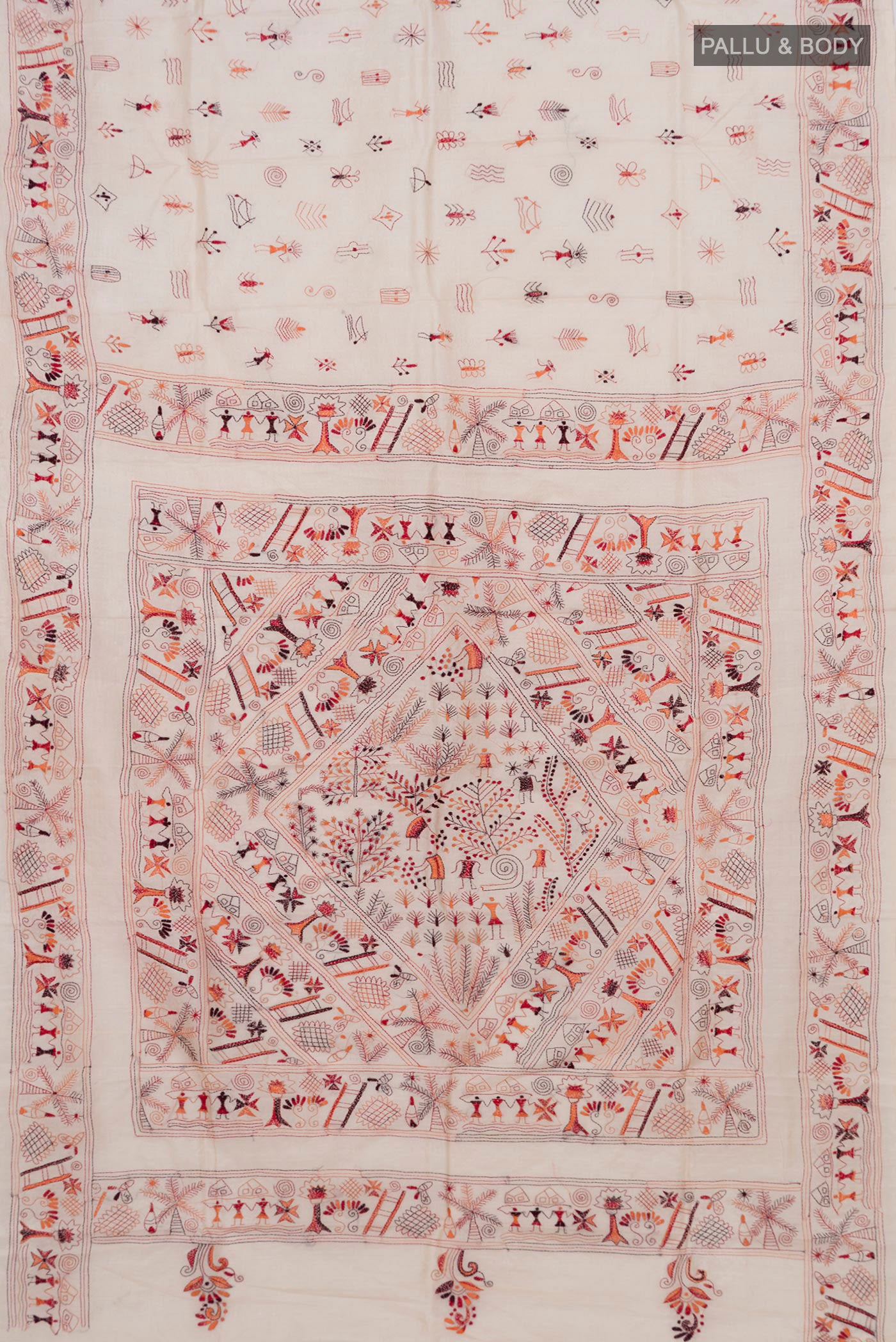 Flat view of Cream Tussar Silk Saree with Kantha Work on the body and Thread Border. 