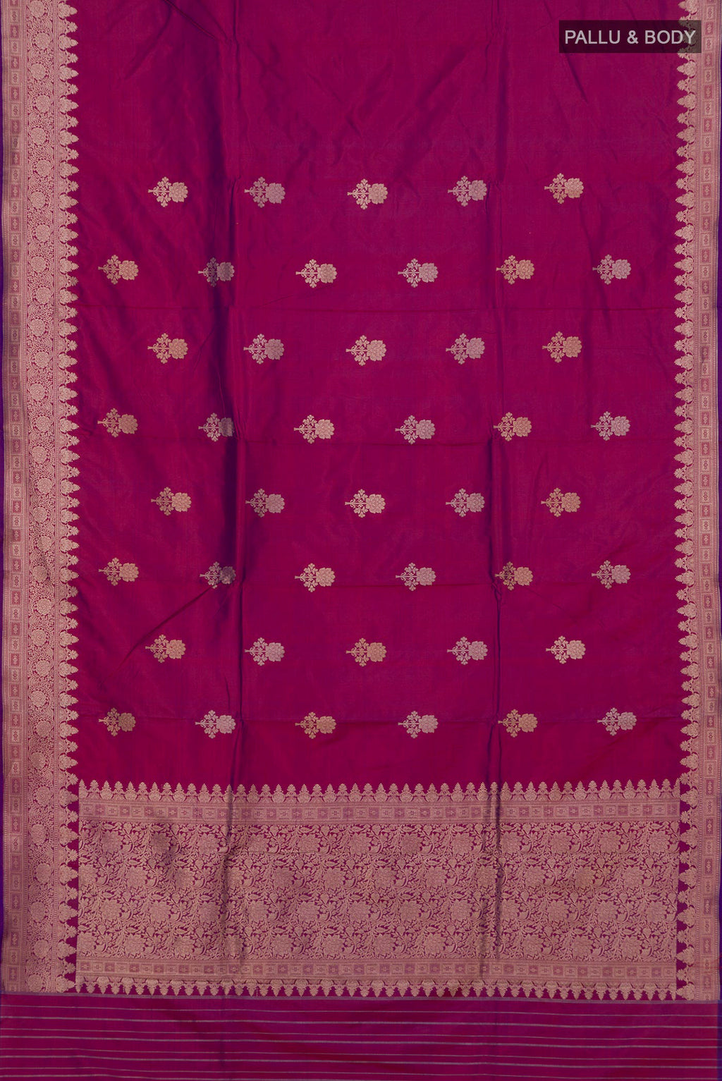 Flat view of Pure Silk Magenta Banarasi Katan Saree with Zari Butta on the body and Fancy Border. 