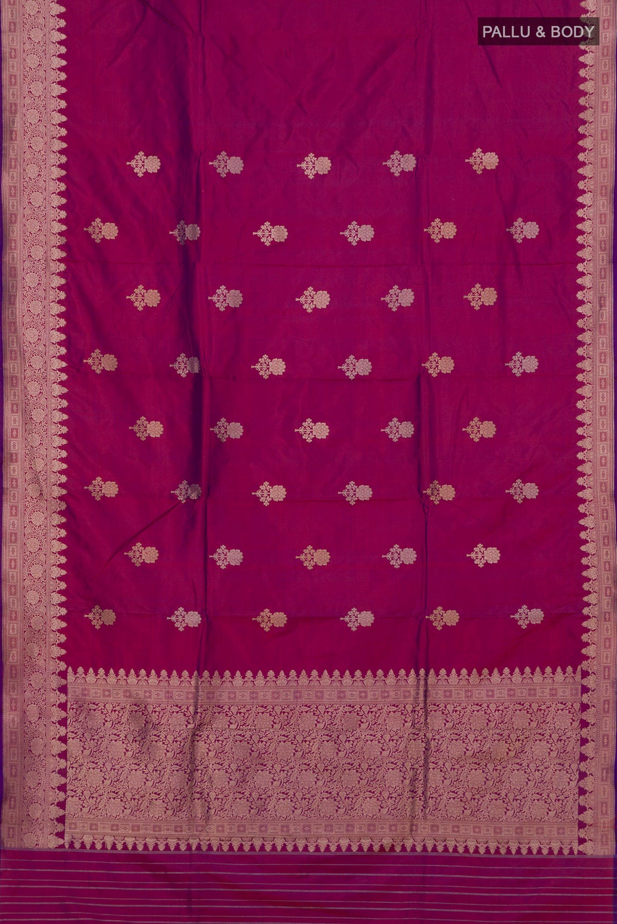Flat view of Pure Silk Magenta Banarasi Katan Saree with Zari Butta on the body and Fancy Border. 