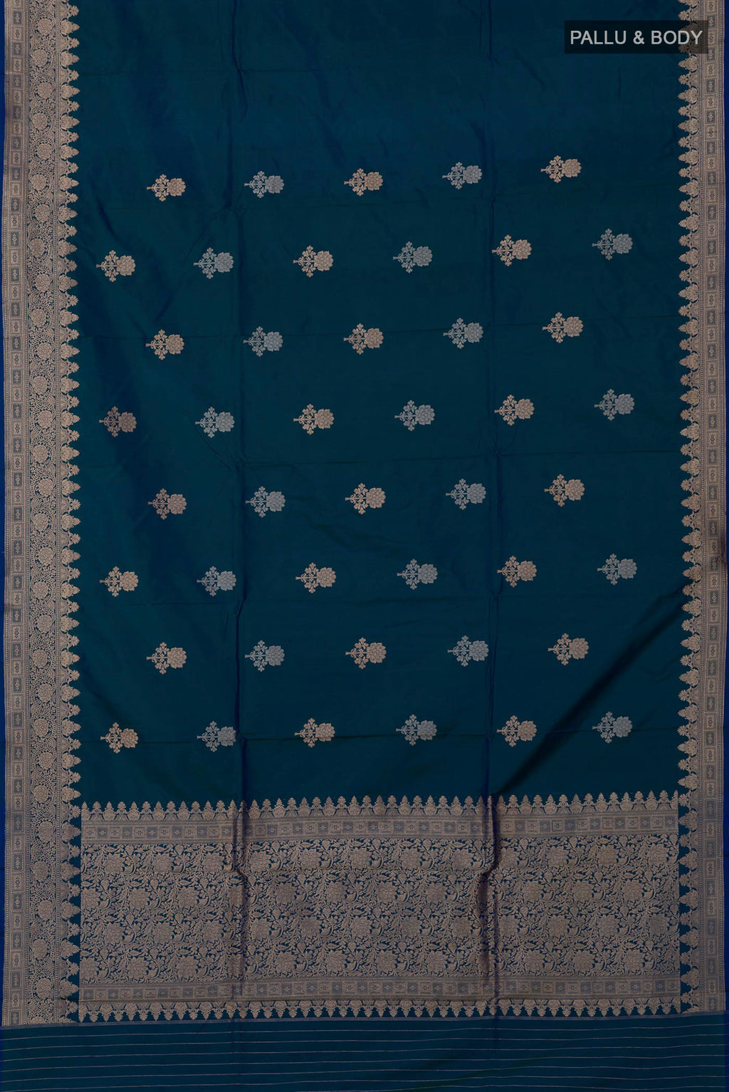 Flat view of Blue Banarasi Katan Silk Saree with Zari Butta on the body and Zari Border. 