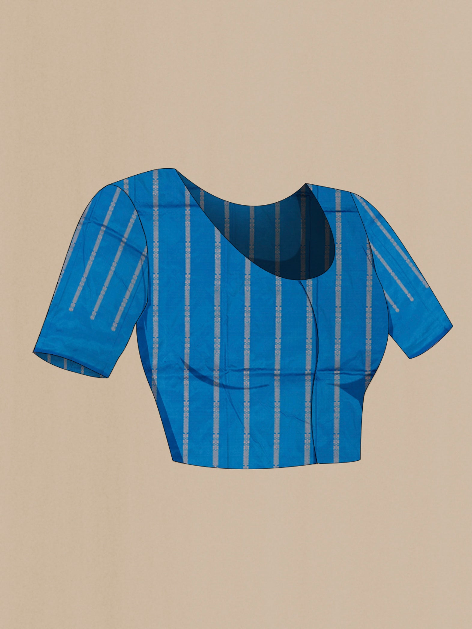 Close up image of the blouse of Blue Banarasi Katan Silk Saree with Zari Butta on the body and Zari Border. 