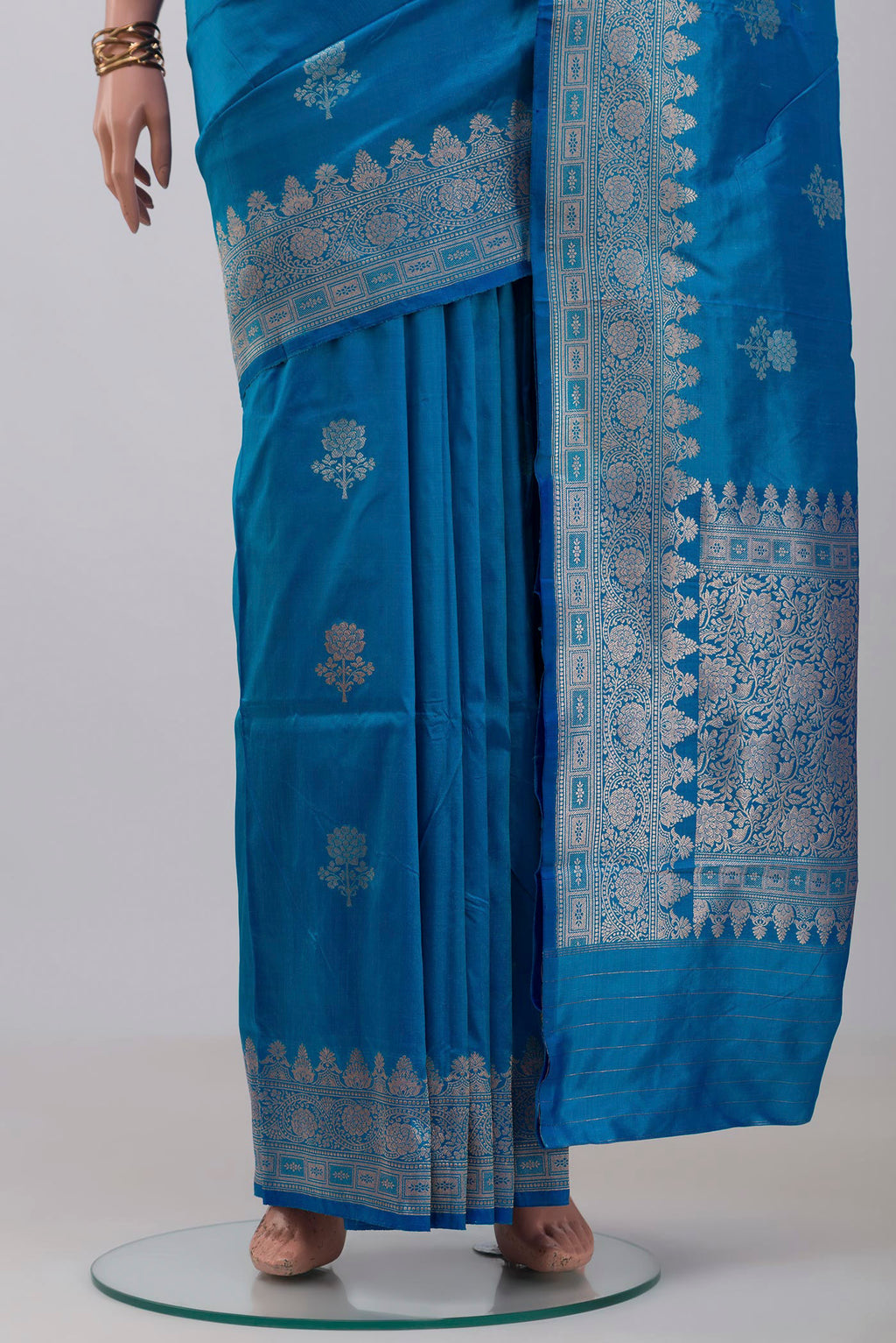 Pleats and pallu of Blue Banarasi Katan Silk Saree with Zari Butta on the body and Zari Border. 