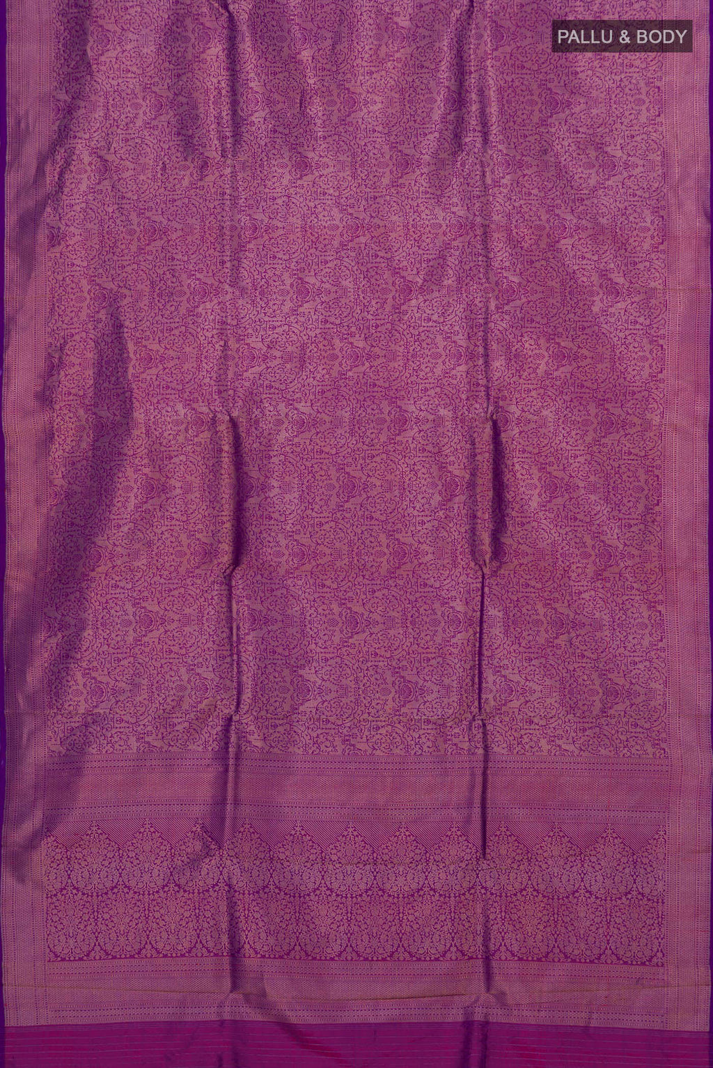 Flat view of Purple Banarasi Katan Silk Saree with Zari Brocade on the body and Zari Border. 