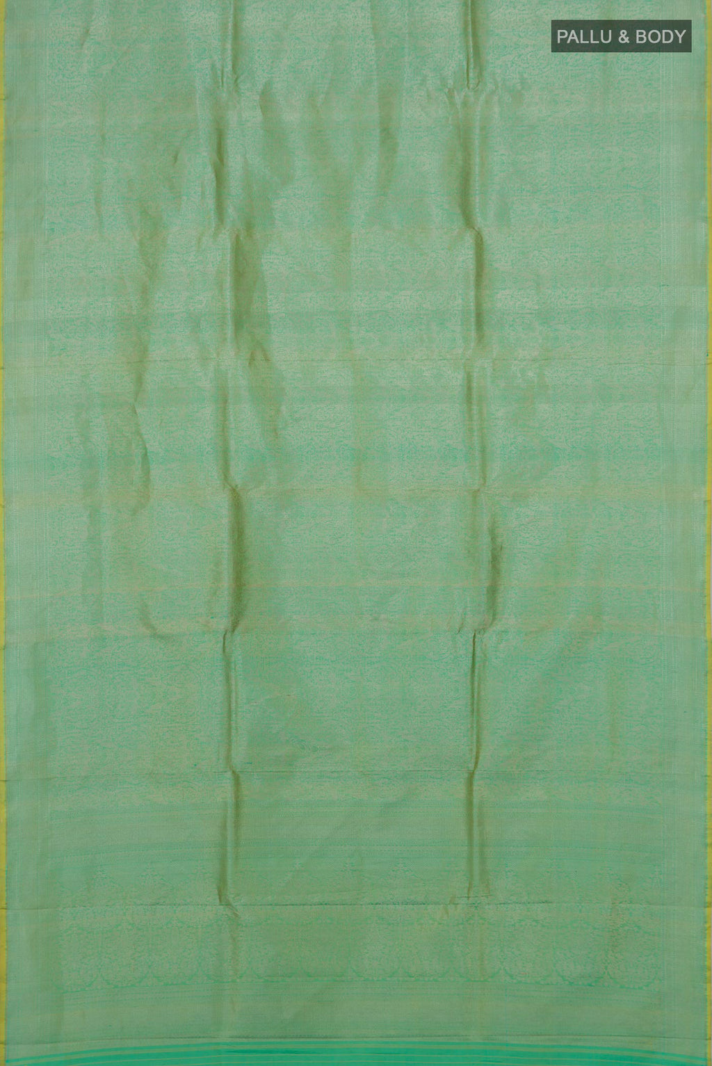 Flat view of Sea Green Banarasi Katan Silk Saree with Zari Brocade on the body and Zari Border. 