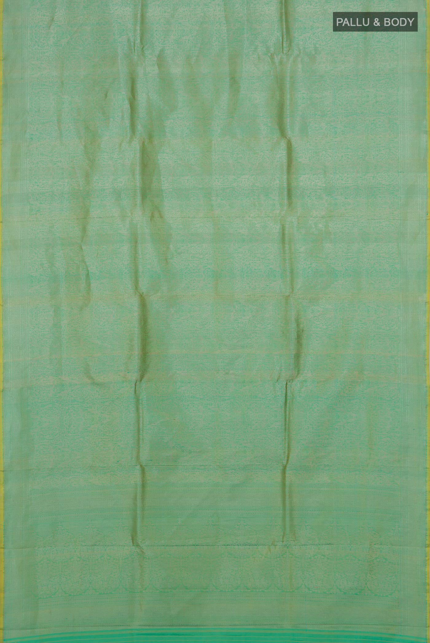 Flat view of Sea Green Banarasi Katan Silk Saree with Zari Brocade on the body and Zari Border. 
