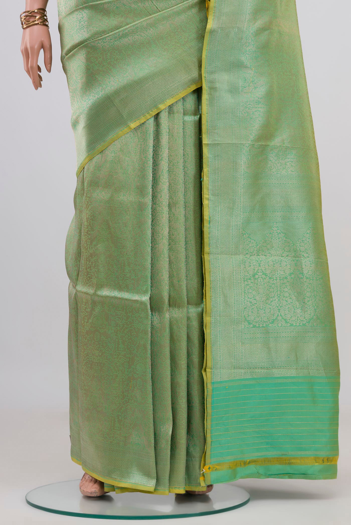 Pleats and pallu of Sea Green Banarasi Katan Silk Saree with Zari Brocade on the body and Zari Border. 