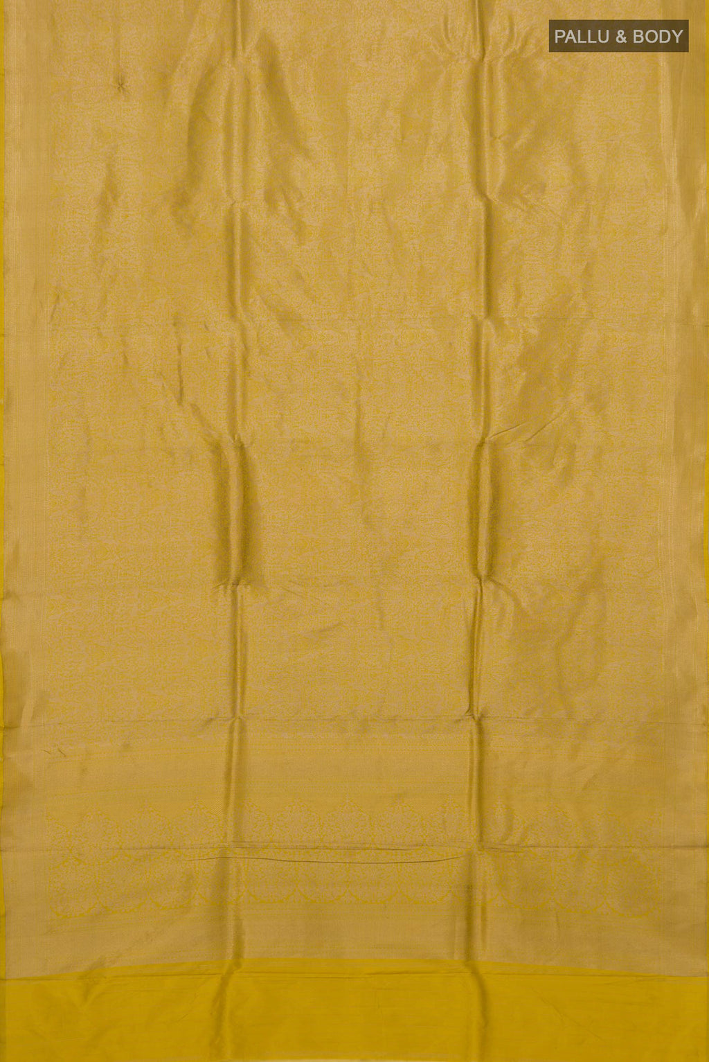 Flat view of Yellow Banarasi Katan Silk Saree with Zari Brocade on the body and Fancy Border. 