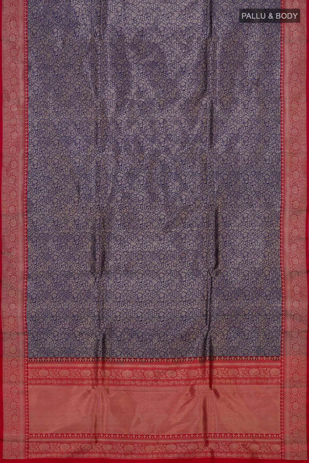 Flat view of Navy Blue Banarasi Katan Silk Saree with Zari Brocade on the body and Zari Border. 