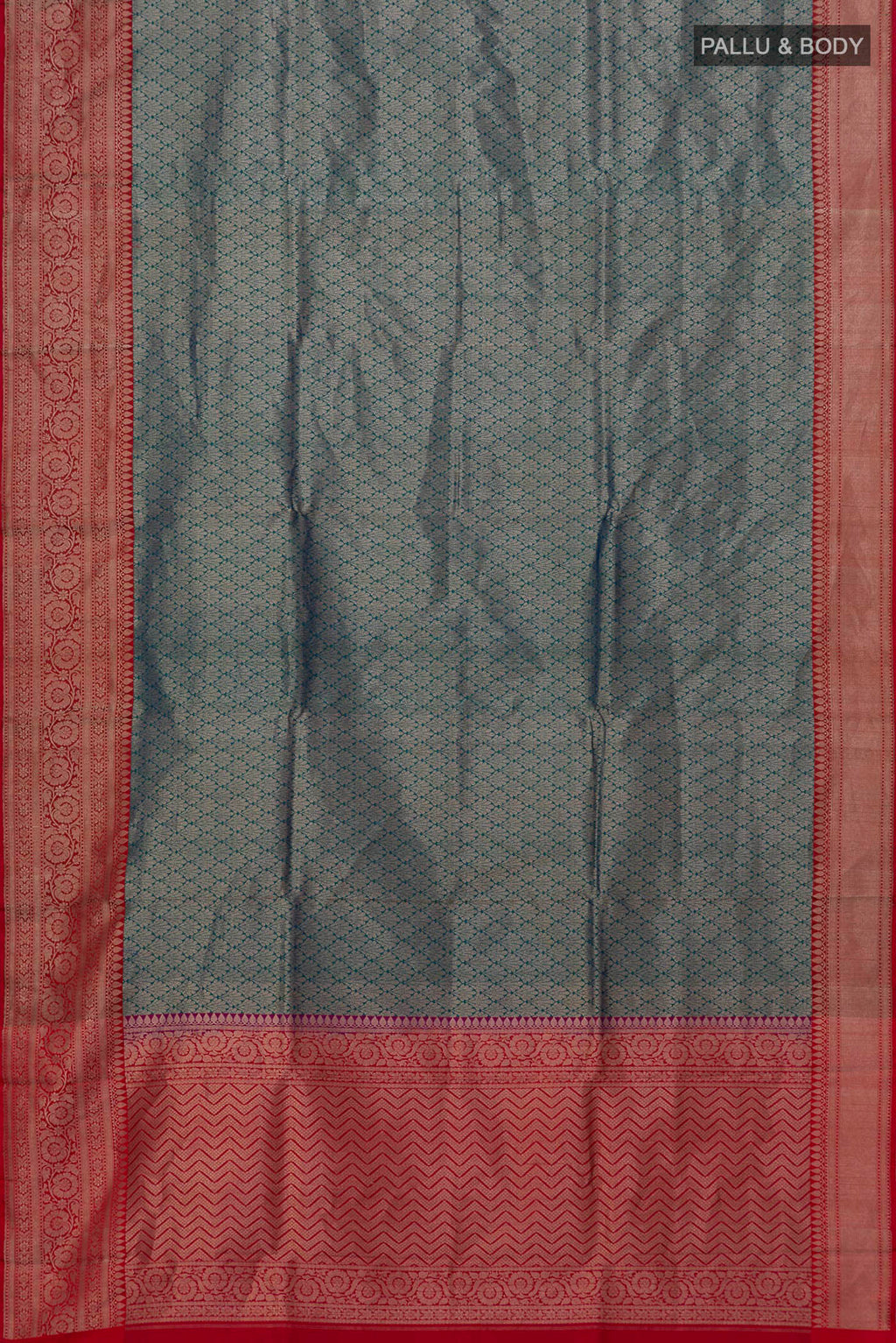 Flat view of Peacock Blue Banarasi Silk Saree with Zari Brocade on the body and Zari Border. 