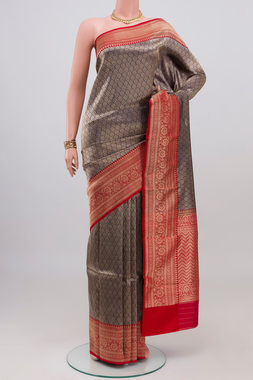 Blue Banarasi Katan Silk Saree with Zari Brocade on the body and Fancy Border.  displayed on a mannequin