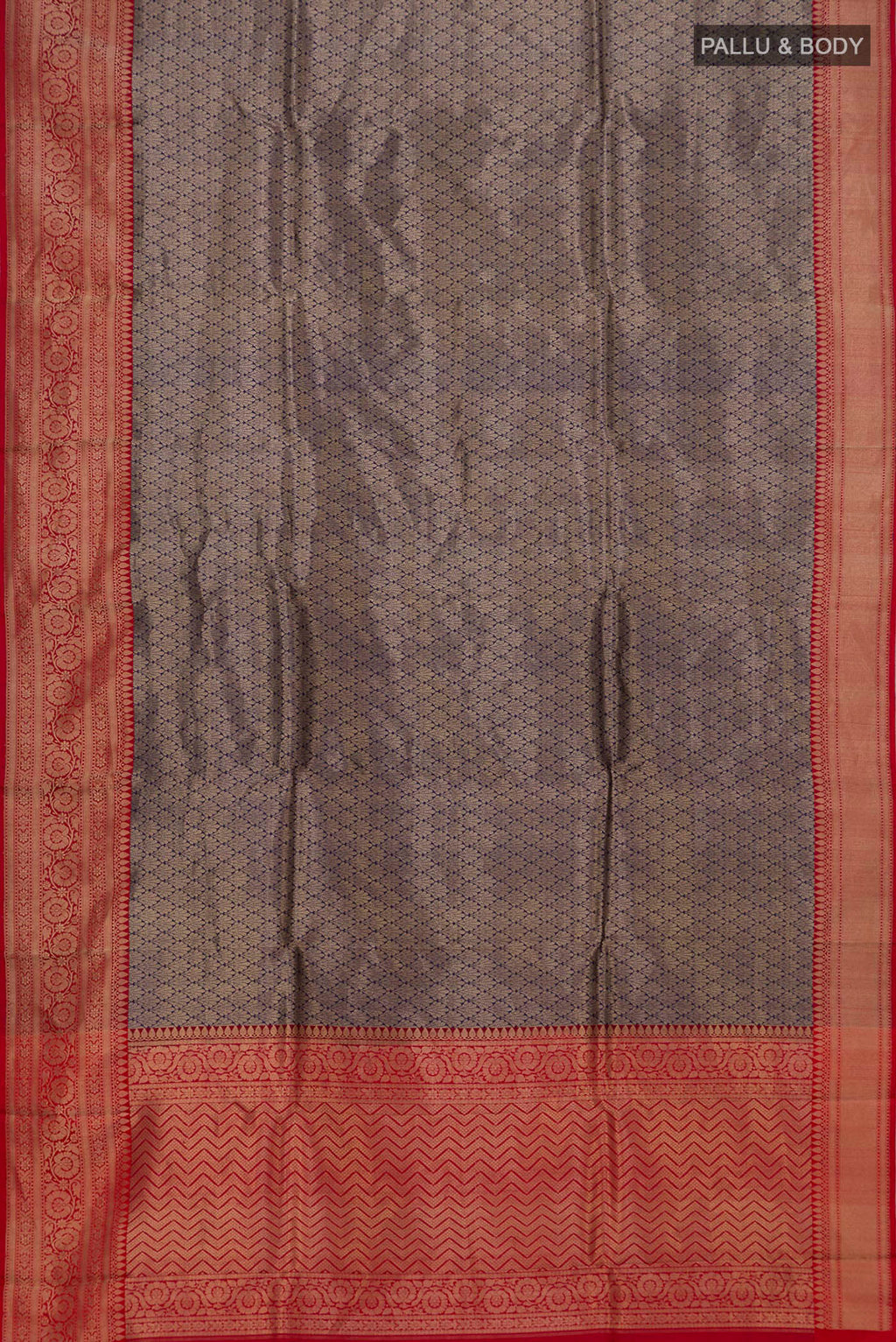 Flat view of Blue Banarasi Katan Silk Saree with Zari Brocade on the body and Fancy Border. 