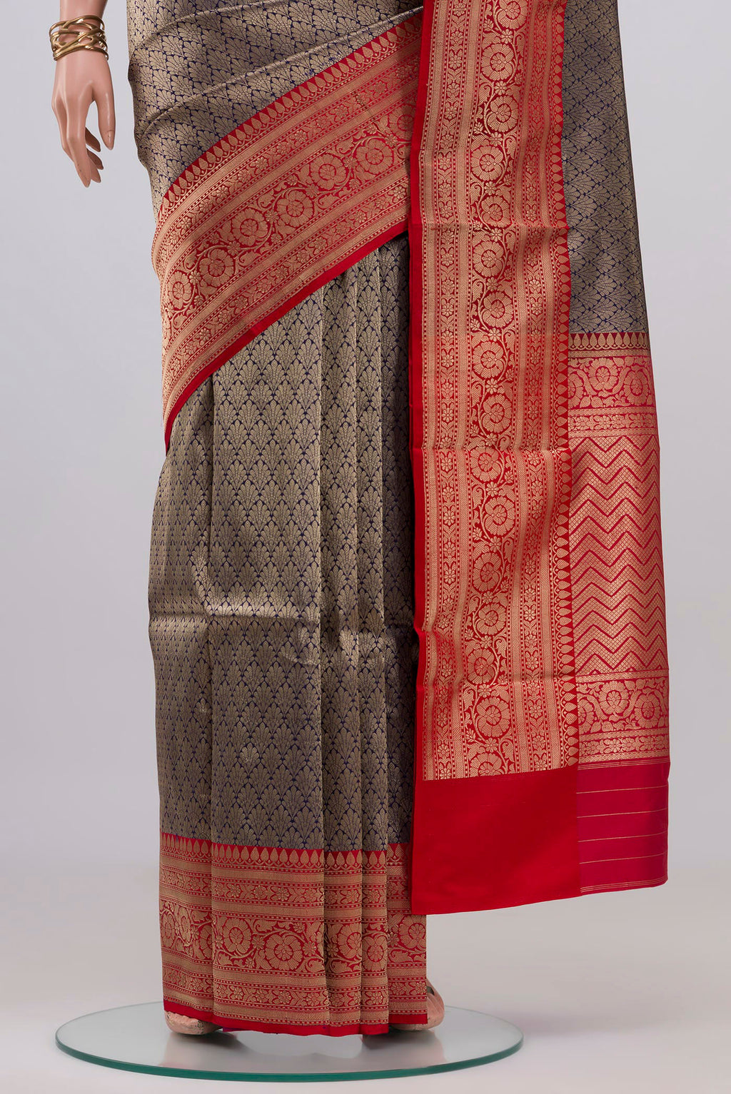 Pleats and pallu of Blue Banarasi Katan Silk Saree with Zari Brocade on the body and Fancy Border. 
