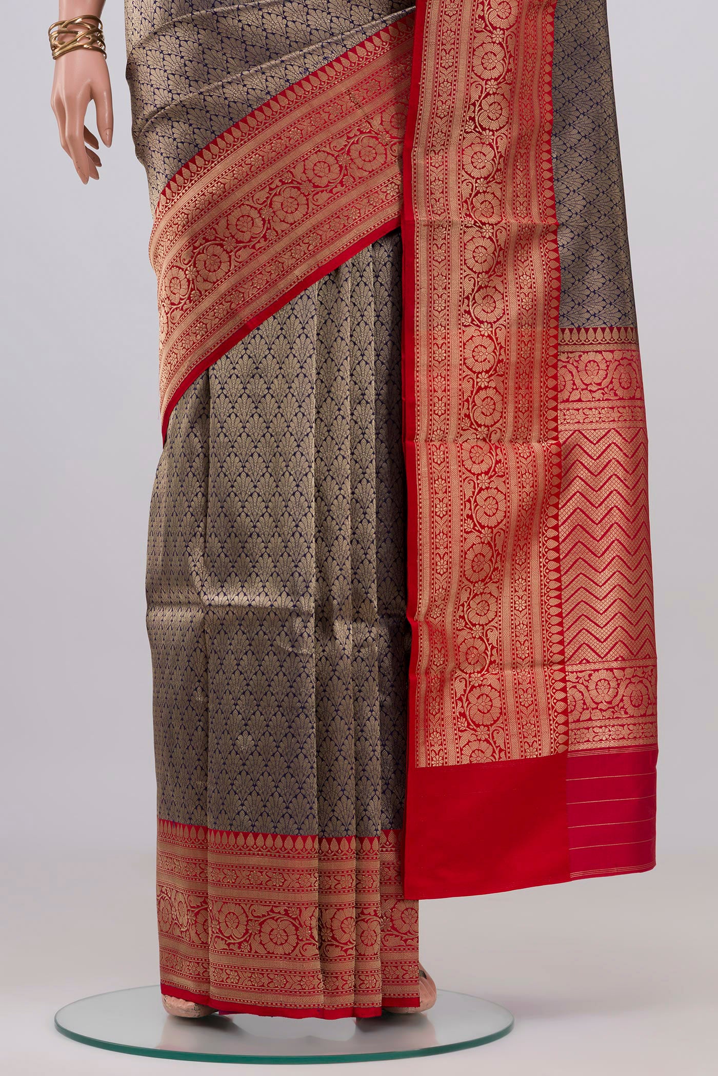 Pleats and pallu of Blue Banarasi Katan Silk Saree with Zari Brocade on the body and Fancy Border. 
