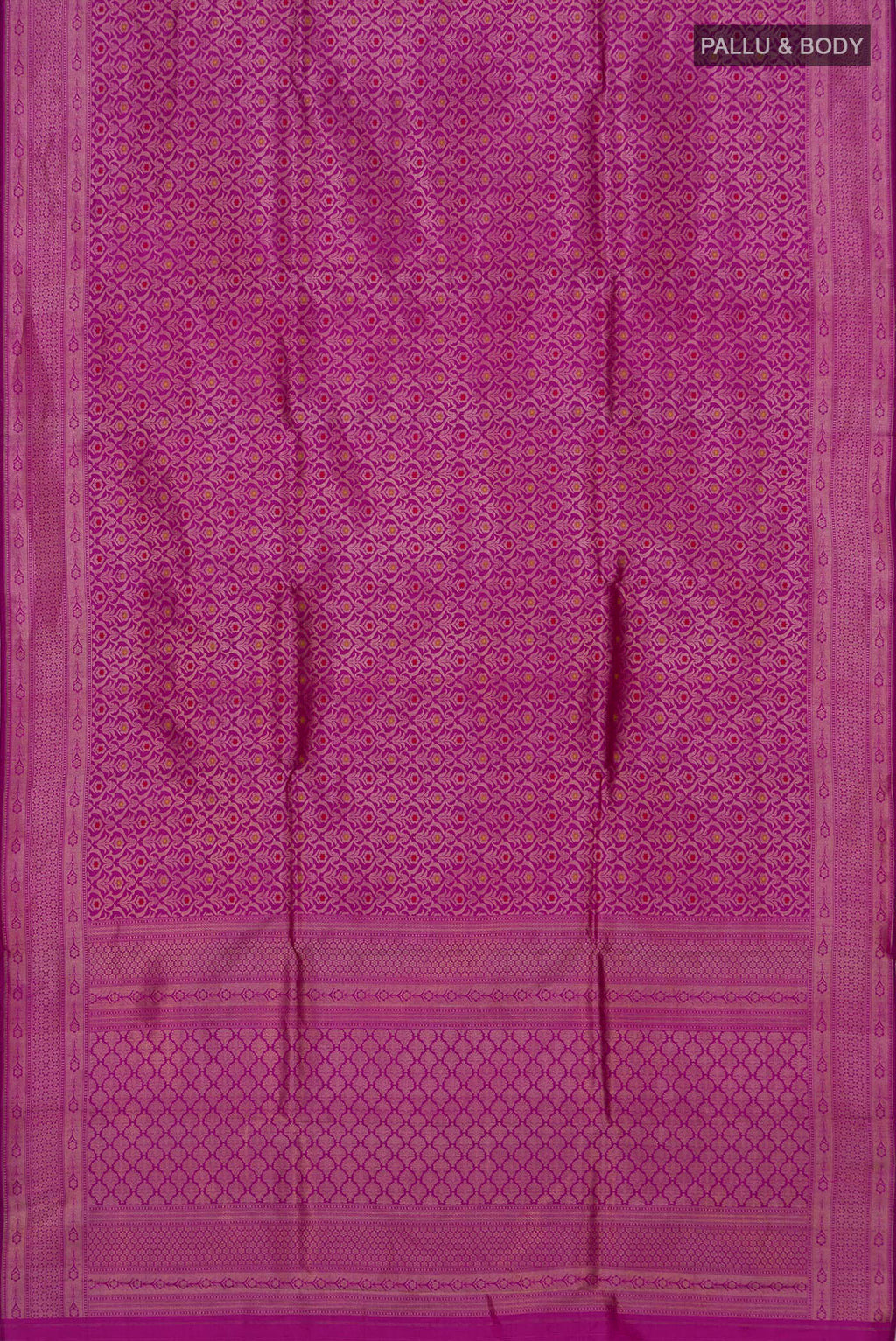 Flat view of Purple Banarasi Katan Silk Saree with Zari Brocade on the body and Zari Border. 