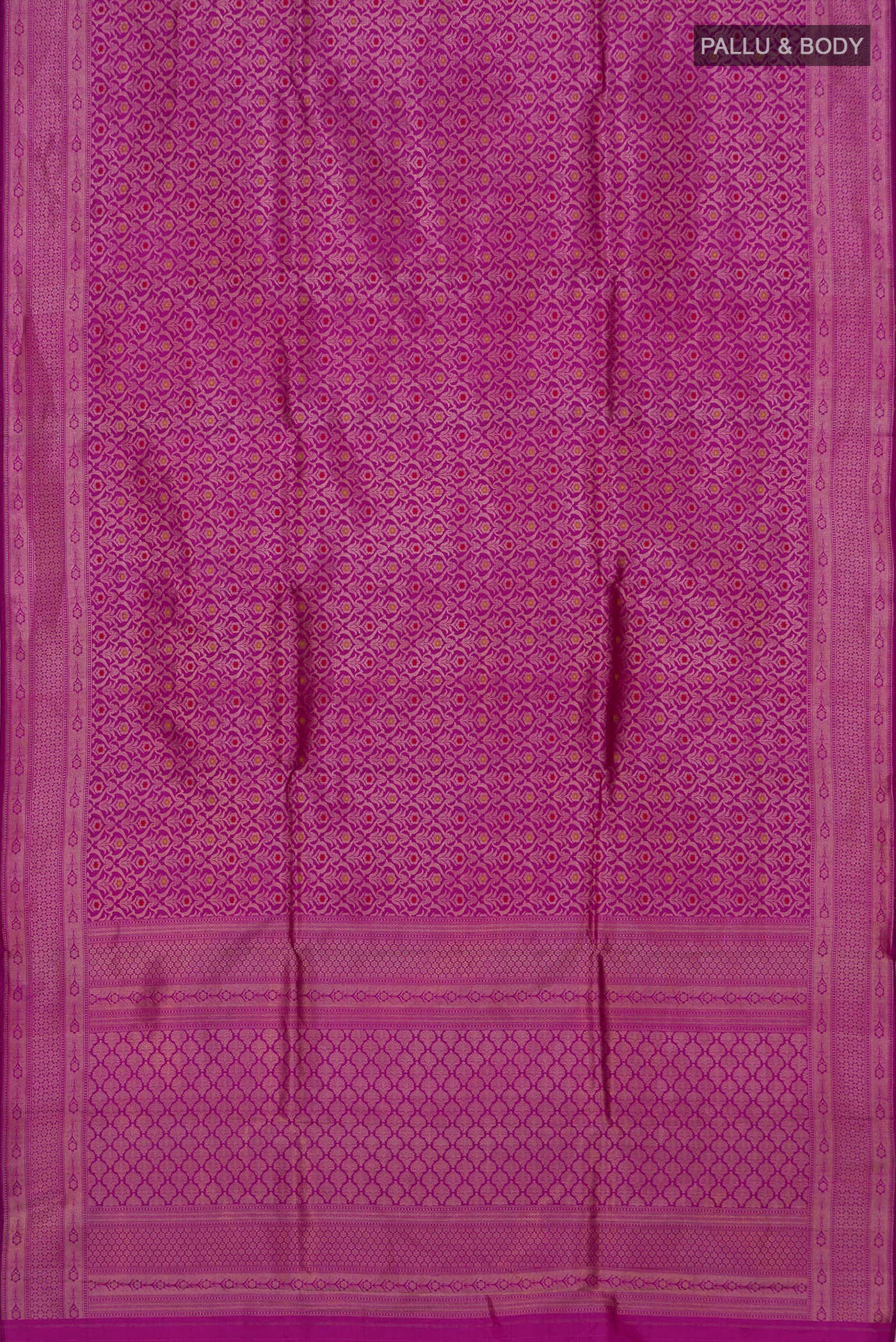 Flat view of Purple Banarasi Katan Silk Saree with Zari Brocade on the body and Zari Border. 